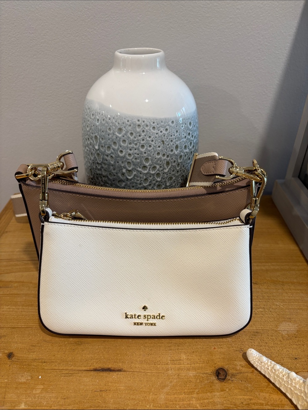 Kate Spade Double Up Two-Tone Cream Blush Saffiano Crossbody Shoulder Bag